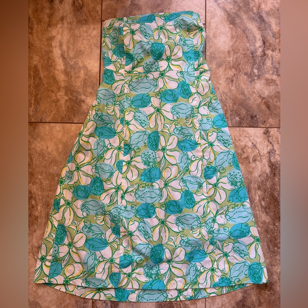 Lilly Pulitzer Guava Green Crab Cake Strapless Summer Dress Women's Size 8